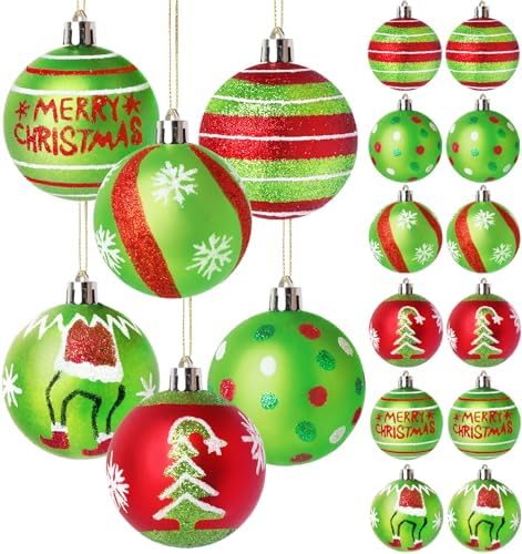 Christmas ball ornaments 2.4 inch red and green shatterproof glitter set of 12 pieces for tree decoration