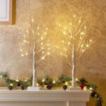 2FT lighted birch tree with LED lights Christmas decoration set of 2 on mantel