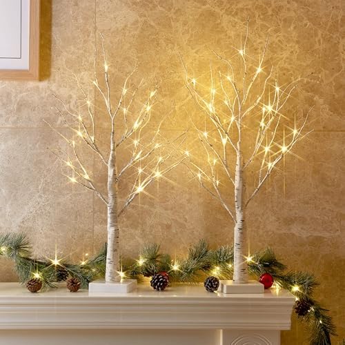 51zqhf4b67L._AC_.jpg 2FT lighted birch tree with LED lights Christmas decoration set of 2 on mantel