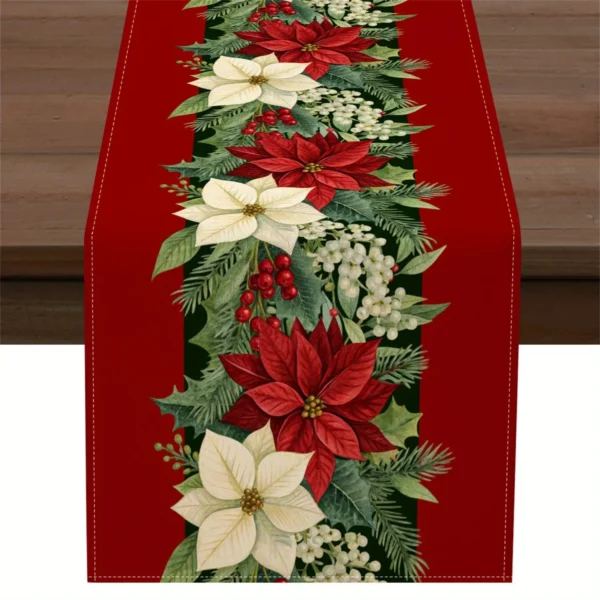 Christmas Poinsettia Berry Printed Table Runner 2D Flat Print FestiveDecor Christmas Dining Table Decoration Elegant Charming