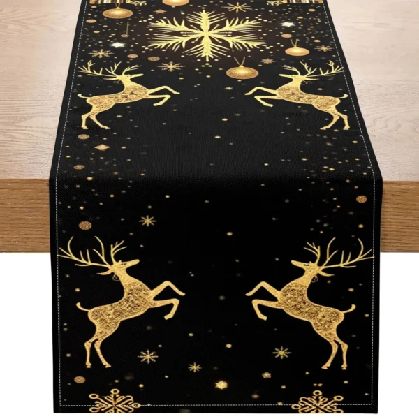 Reindeer and Snowflake Design Table Runner Golden Christmas Theme Suitable for Christmas parties, family holiday decorations