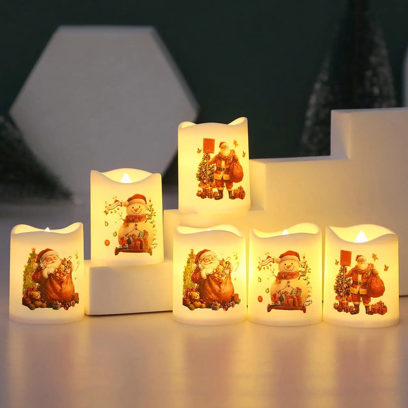 S52acfbb338624cedba8d7647d91917e4I.webp LED Christmas Candles Set of 6 - Flameless Santa Snowman Holiday Decor - Image 1