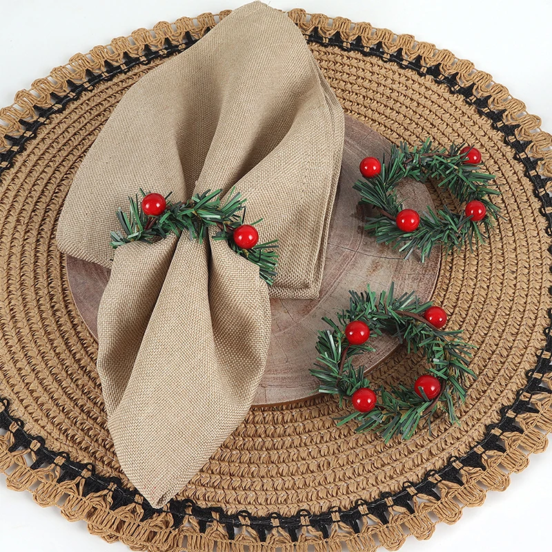 Sb61ef31d4f66402f8958d9d014ca3955S.webp 6 Pcs Red Fruit Pine Needle Flower Rings, Thanksgiving, Christmas, Wedding Table Decorations, Napkin Rings - Image 1