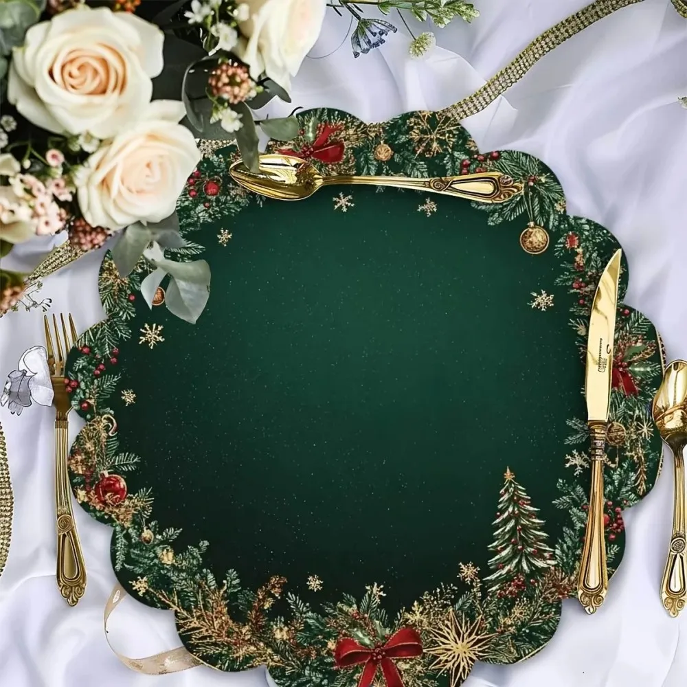 Sbbfd28f59be341828ae43addf54b7f637.webp 4-Piece Set Round Christmas Placemats Table Mats Emerald Gold Pattern Festive Placemats Christmas Decor - Image 1