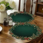4-Piece Set Round Christmas Placemats Table Mats Emerald Gold Pattern Festive Placemats Christmas Decor - Image 4