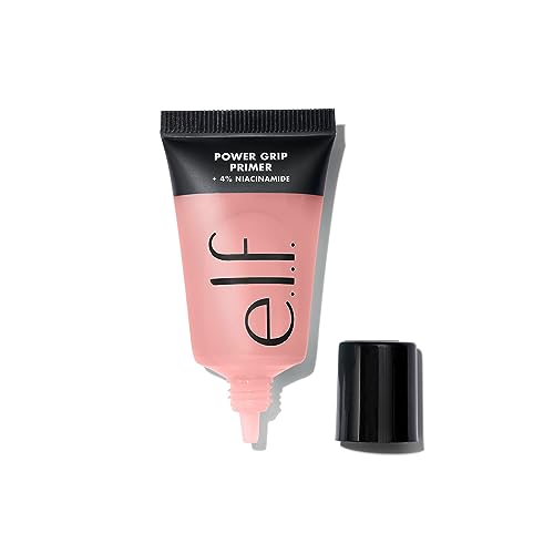 Version 1.0.0 e.l.f. Power Grip Primer + 4% Niacinamide Mini gel tube on white background Clear gel texture of e.l.f. Power Grip Primer Niacinamide for dewy makeup base Mini hydrating face primer by e.l.f. with niacinamide for even skin tone