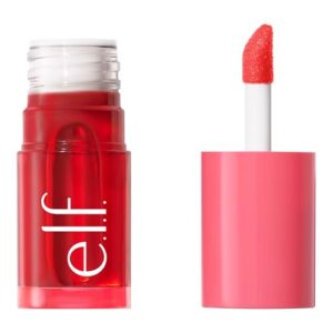 e.l.f. Sheer For It Blush Tint Pink Positive on cheeks and lips​ Hydrating multi-use blush tint with watery texture for natural flush​ Vegan e.l.f. lip and cheek stain in Pink Positive shade