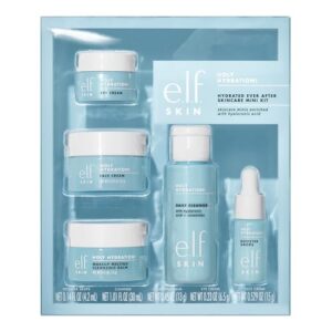 e.l.f. Holy Hydration mini kit with cleanser, balm, drops, cream & eye cream for travel​ Travel-size Holy Hydration skincare set hydrating dry skin with hyaluronic acid​ e.l.f. SKIN Hydrated Ever After mini kit unboxing showing all products