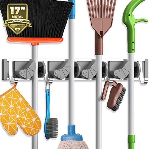 51ws5htJuwL._AC_.jpg Wall Mount Broom Mop Holder Organizer - 4 Hooks Metal Storage Rack - Image 1