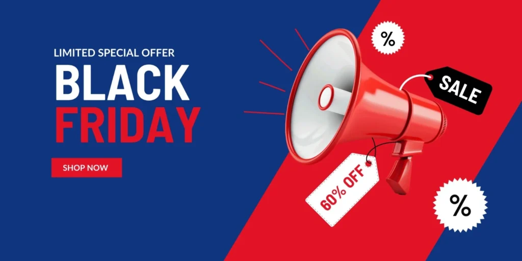 Black Friday promotional banner with special offers and large discount text for online shopping.