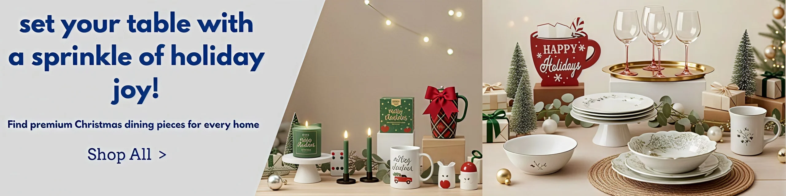 Holiday dining setup featuring Christmas mugs, candles, festive decor, elegant dinnerware, and wine glasses displayed on a decorated table