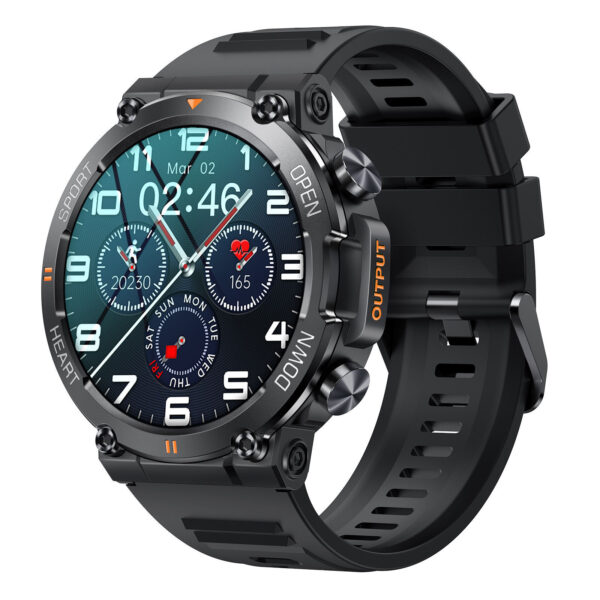 SENBONO men's smart watch round big screen displaying fitness tracker data ​ Black SENBONO smartwatch on wrist showing Bluetooth call and heart rate monitor ​ Waterproof SENBONO men's fitness smartwatch with multi-sport modes interface.