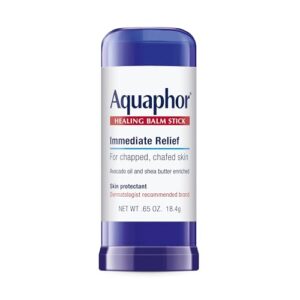 Aquaphor Healing Balm Stick with avocado oil and shea butter for dry skin relief ​ Mess-free Aquaphor balm stick gliding on chapped lips, 0.65 oz size ​ Hypoallergenic Aquaphor Healing Balm Stick protecting chafed skin.