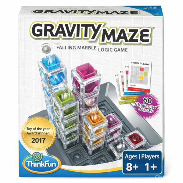 Front view of the Gravity Maze STEM logic game box, showcasing a stacked, colorful marble run puzzle and challenge cards.