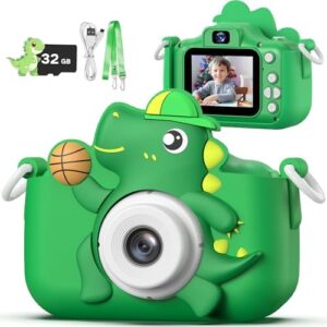 Dino Digital Camera Toy with green silicone dinosaur case.