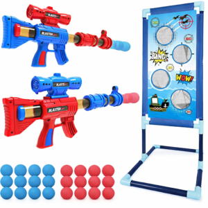 Two red and blue air-powered blasters and a standing target net.