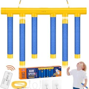 Kids Reaction speed game with six blue foam sticks hanging from a yellow plastic housing unit.