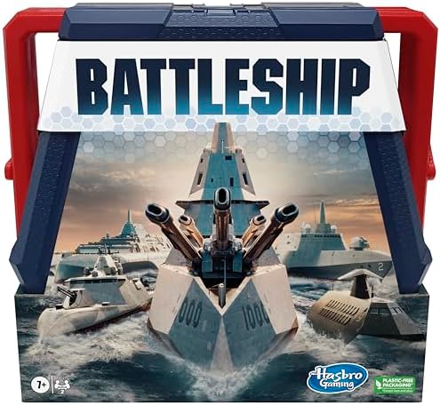 Battleship classic board game box art featuring naval combat scene and two-player strategy branding.