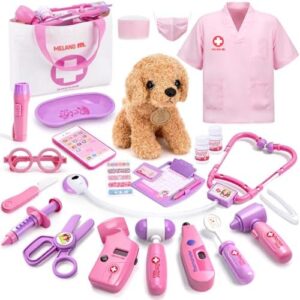 Meland Kids Medical Playset with pink doctor coat and plush dog.