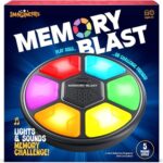Top-down view of the circular Memory Blast electronic game with six colorful, light-up buttons on a black base.