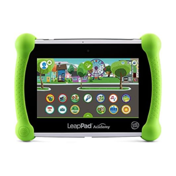 Front view of a LeapPad Academy educational tablet for kids, featuring a bright green protective bumper and an app-filled screen.