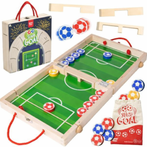 A wooden Sling puck Goal board game folded open with playing pieces, spare parts, and a branded storage bag on a white background.