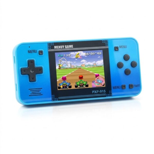 A bright blue handheld retro arcade game console showing a colorful kart racing game on its screen against a white background.