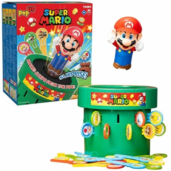 The Super Mario Pop-Up action game featuring the green pipe base, character figure, and colorful game keys on a white background.