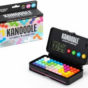The Kanoodle Ultimate Champion set featuring the open puzzle game board with colorful pieces and a digital timer display.