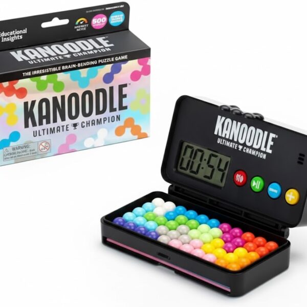 The Kanoodle Ultimate Champion set featuring the open puzzle game board with colorful pieces and a digital timer display.