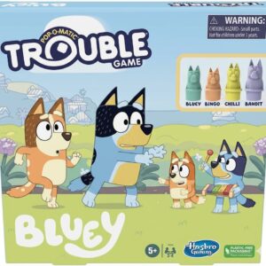 The front of the Bluey Edition Trouble board game box, featuring illustrated characters and four plastic player pawns.