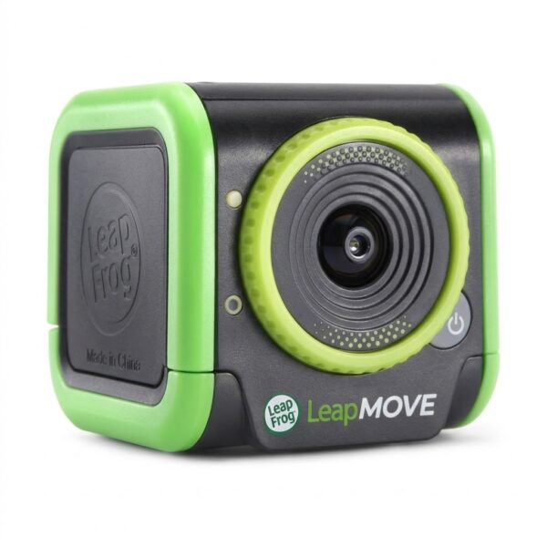 Front view of the black and green LeapFrog LeapMove motion-based console, featuring a large circular camera lens.