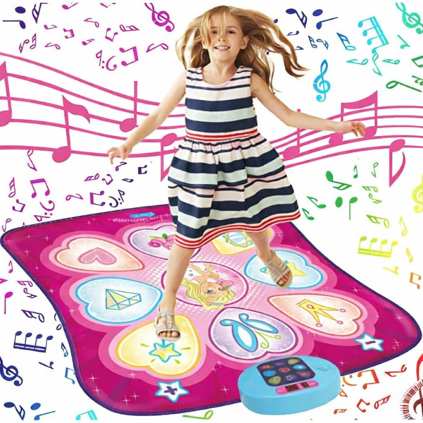 A young girl in a striped dress dancing on a pink heart-shaped electronic dance mat featuring a blue control console.