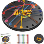 Top down view of Rope Untangling Challenge board with colored cords.