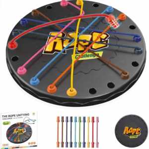 Top down view of Rope Untangling Challenge board with colored cords.