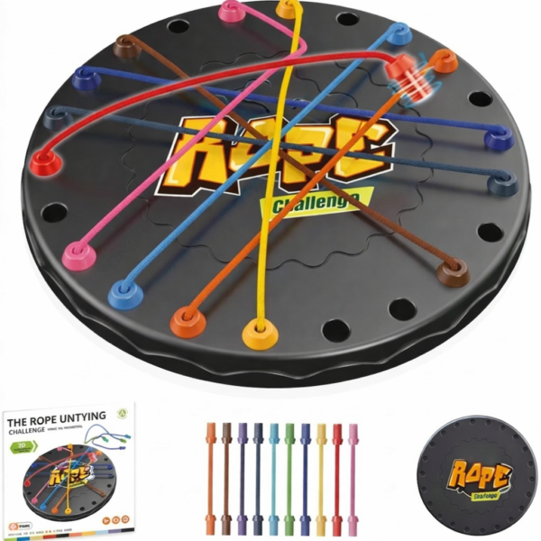 Top down view of Rope Untangling Challenge board with colored cords.