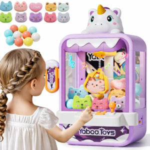 Unicorn kids claw machine toy, front view of interactive arcade playset with plush prizes.
