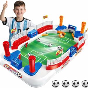 A kids' tabletop soccer game featuring a green field, red and blue plastic goal structures, and dual flipper controls for two-player indoor action.