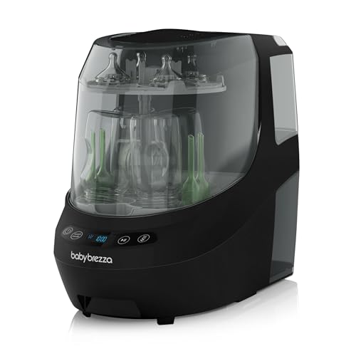 Baby Brezza Bottle Washer Pro in Black showing internal racks with bottles and pump parts being sterilized.