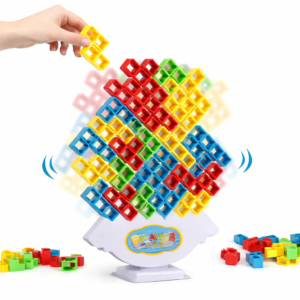 Kids stacking tower game with colorful interlocking pieces.
