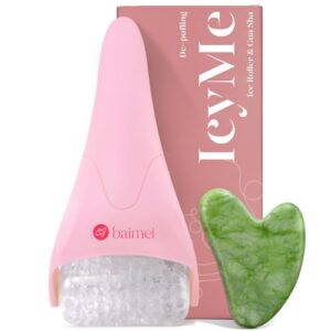 BAIMEI IcyMe pink ice roller with gel beads and green heart-shaped jade Gua Sha tool in front of a pink box.