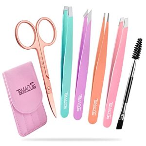 6-piece professional eyebrow grooming set featuring colorful stainless steel tweezers, rose gold scissors, and a pink leather travel case.