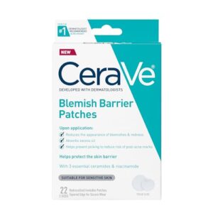 CeraVe Blemish Barrier Patches box showing 22 invisible hydrocolloid patches with ceramides and niacinamide.