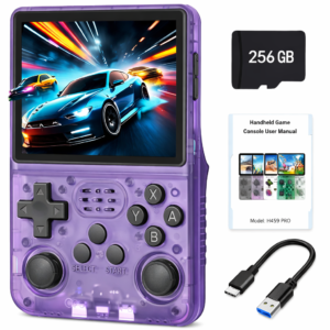 R40S Pro handheld game console in transparent purple with 256GB card.