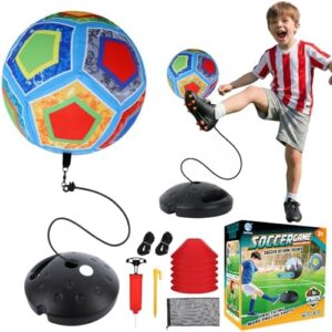Kids soccer return trainer set featuring tethered ball and red cones for outdoor practice
