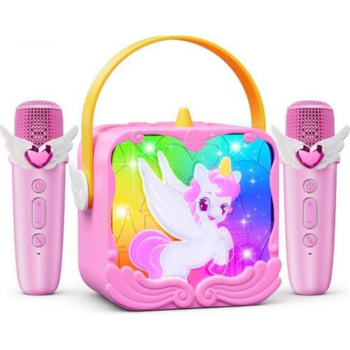 Front view of the Unicorn Karaoke Machine featuring dual gem microphones and decorative wings.