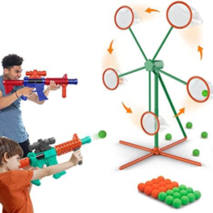 Moving target shooting game with two air-powered blasters and foam balls.