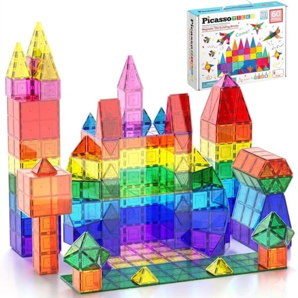 A colorful 60-piece PicassoTiles magnetic building block set featuring a large, multi-colored translucent castle structure with towers and various geometric shapes, accompanied by the original product packaging in the background.