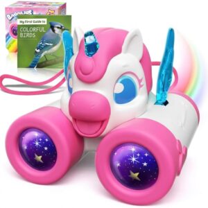 Unicorn binoculars for kids featuring pink wings and an included bird identification guide, designed for nature exploration and outdoor play.